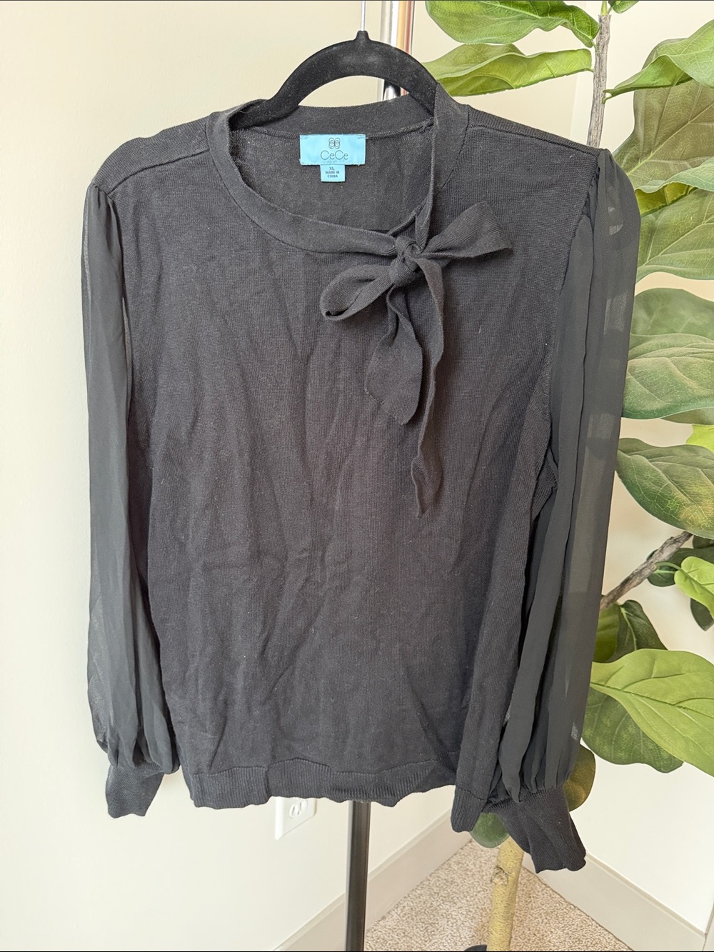 CeCe Black Tie-Neck Long Sleeve Blouse with Sheer Sleeves